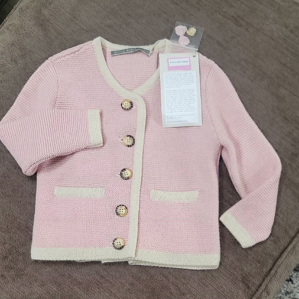 Alicia Adams Alpaca Pink Knit Cardigan with Cream Trim